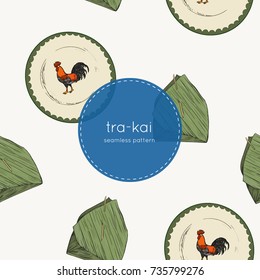 banana leaf and tra-kai plate, traditional of thailand tablewear, seamless pattern.