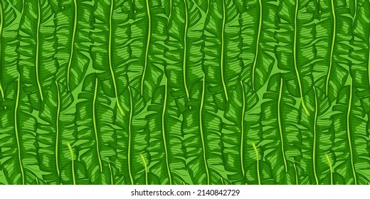 Banana leaf tropical seamless pattern. Jungle leaves background. Repeated hand drawn exotic design texture for printing, fabric, wrapping paper, fashion, interior, wallpaper, tissue.