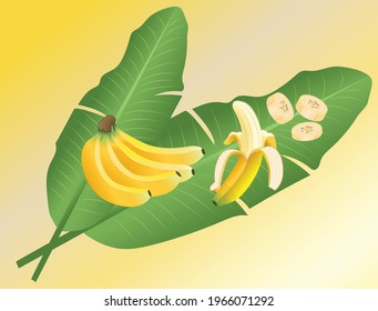 Banana With Leave  And Pieces  Vector