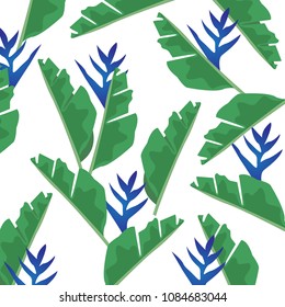 Banana leaves and blue heliconia flower pattern. Tropical pattern on white background 