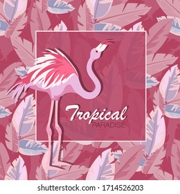 Banana leaves. Flamingo. Vector print fashionable tagline in frame. Composition of tropical bananas, pink flamingos. Flat illustration on a vegetable background.