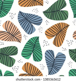 Banana leaves flat seamless vector pattern. Tropical, exotic plant hand drawn texture. Backdrop with houseplants. Multicolor stylized leaves. Botanical wrapping paper, fabric, background design