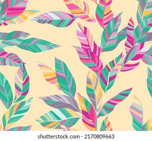 Banana leaves floral vector seamless pattern. Exotic striped tropical foliage. Textile print with palm tree branches. Summer endless pattern with tropical leaves. Wallpaper cute design