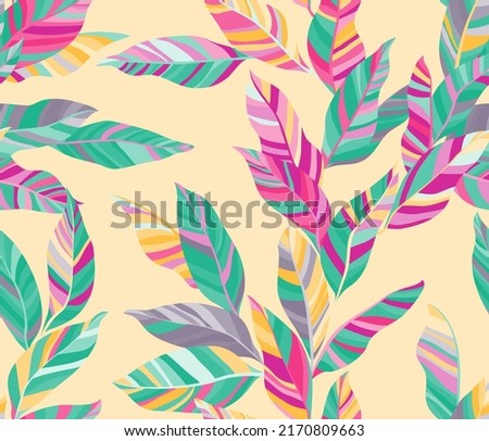 Banana leaves floral vector seamless pattern. Exotic striped tropical foliage. Textile print with palm tree branches. Summer endless pattern with tropical leaves. Wallpaper cute design