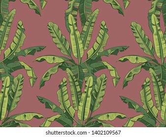 
Banana leaves . Hand drawn colored seamless pattern. Jungle texture.Vector  illustration.