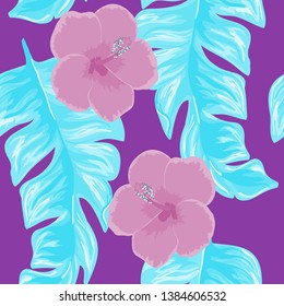 Banana leaves and hibiscus flower exotic seamless pattern. Floral background with ethnic leaves and flowers.