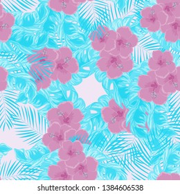 Banana leaves and hibiscus flower exotic seamless pattern. Floral background with ethnic leaves and flowers.