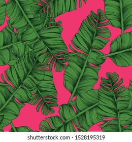 banana leaves isolated on hot pink background. Tropical seamless pattern.