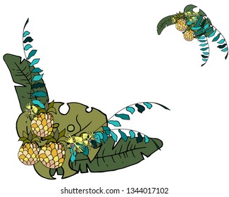 Banana leaves, orchids and pineapple. Vector illustration.