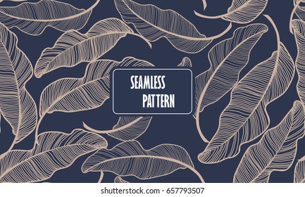 Banana leaves. Seamless pattern background. Composition Seamless exotic pattern with tropical leaves on a Dark blue background. Vector hand drawn illustration.