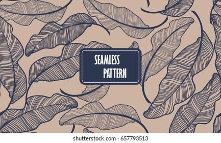 Banana leaves. Seamless pattern background. Composition Seamless exotic pattern with tropical leaves on a Dark blue background. Vector hand drawn illustration.