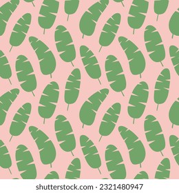 Banana leaves seamless pattern. Flat style banana palm leaves on pink background