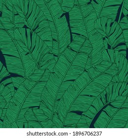 Banana leaves seamless pattern. Jungle greenery background for print, textile, fabric, cover design. Dark green tropical leaf in line art style. Vector illustration