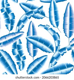banana leaves seamless pattern with sky blue monochromatic color vector design. tropical plants seamless background. fashionable fabric texture.  Exotic tropics. Summer decorative design