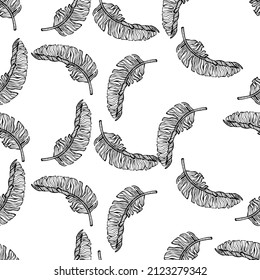 Banana leaves seamless pattern. Tropical branch in engraving style. Hand drawn texture for fabric, wallpaper, textile, print, wrapping paper. Vector illustration.
