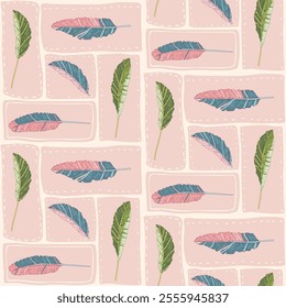 Banana leaves seamless pattern. Tropical jungle plant modular endless background. Bento box grid repeat cover. Pink continuous ornament. Vector Surface pattern design exotic motif for swimwear