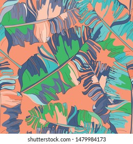 Banana leaves seamless pattern. Vector illustration of banana leaves on orange background.