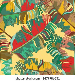 Banana leaves seamless pattern. Vector illustration of colorful banana leaves on yellow background.