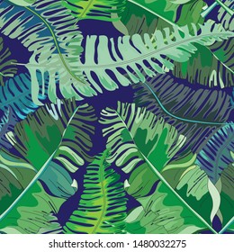 Banana leaves seamless pattern. Vector illustration of banana leaves on dark blue background.