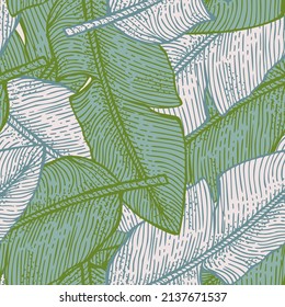 Banana leaves seamless pattern.Retro tropical branch in engraving style. Hand drawn texture foliage for fabric, wallpaper, textile, print, wrapping paper. Vector illustration.