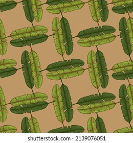 Banana leaves seamless pattern.Vintage tropical branch in engraving style. Hand drawn texture for fabric, wallpaper, textile, print, wrapping paper. Vector illustration.