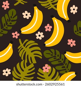 Banana and Leaves Tropical Pattern on Dark Background
