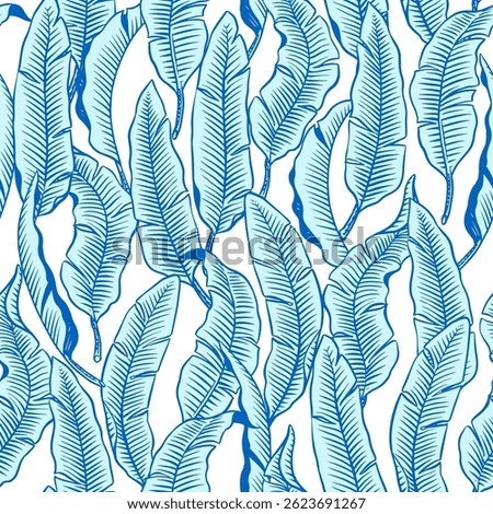 Banana leaves, tropical leaves seamless pattern texture. Botanic vector hand drawn illustration. Black and white
