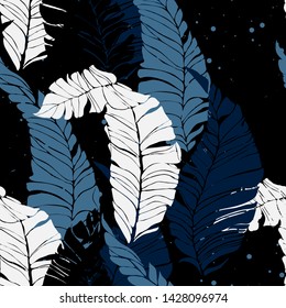 Banana leaves yellow blue green light green floral print for fabric seamless pattern. Palm leaf for swimsuits endless background. Exotic leaves tropical print.