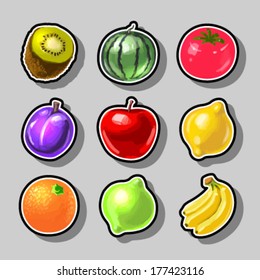 banana lemon lime tomatoe plum watermelon kiwi banana apple - fruits icons set