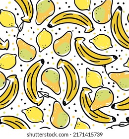 Banana, lemon and pear seamless pattern. Fruits hand drawn vector illustration