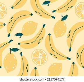 Banana and lemon seamless pattern. Yellow citrus fruit vector background. Perfect for creating fabrics, textiles, wrapping paper, packaging.