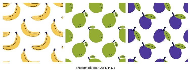 Banana, lime and plum. Fruit seamless pattern bundle. Color illustration collection in hand-drawn style. Vector repeat background set