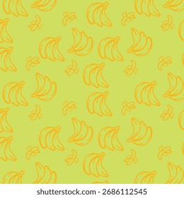 Banana Line Art Seamless Pattern with Green Background