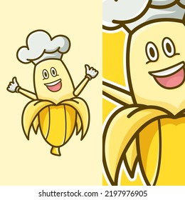 Banana Logo Vector Design With Chef Hat. Chef banana illustration mascot