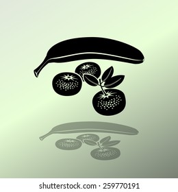 Banana, mandarin icon. Four fruits. Black silhouette with shadow on light green background. Flat design. Vector isolated