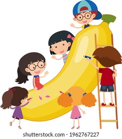 Banana with many children, cartoon characters isolated, illustration