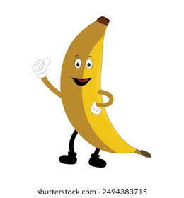 Banana mascot cartoon character, fruit cartoon character emoticon Cartoon happy banana mascot character waving hand. Mood booster fruit illustration of walking banana
