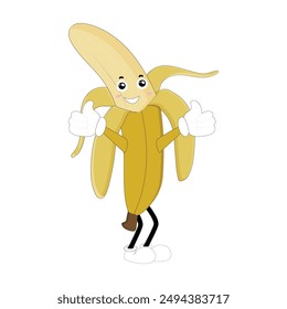 Banana mascot cartoon character, fruit cartoon character emoticon Cartoon happy banana mascot character waving hand. Mood booster fruit illustration of walking banana