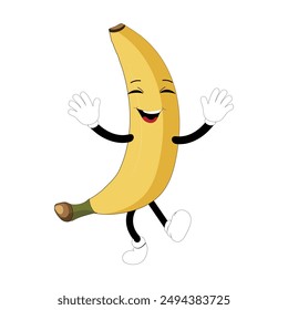 Banana mascot cartoon character, fruit cartoon character emoticon Cartoon happy banana mascot character waving hand. Mood booster fruit illustration of walking banana