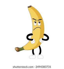 Banana mascot cartoon character, fruit cartoon character emoticon Cartoon happy banana mascot character waving hand. Mood booster fruit illustration of walking banana