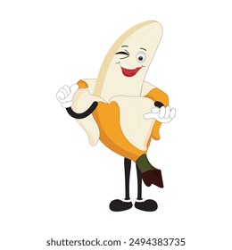 Banana mascot cartoon character, fruit cartoon character emoticon Cartoon happy banana mascot character waving hand. Mood booster fruit illustration of walking banana