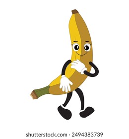 Banana mascot cartoon character, fruit cartoon character emoticon Cartoon happy banana mascot character waving hand. Mood booster fruit illustration of walking banana