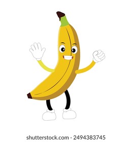 Banana mascot cartoon character, fruit cartoon character emoticon Cartoon happy banana mascot character waving hand. Mood booster fruit illustration of walking banana