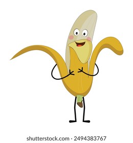 Banana mascot cartoon character, fruit cartoon character emoticon Cartoon happy banana mascot character waving hand. Mood booster fruit illustration of walking banana