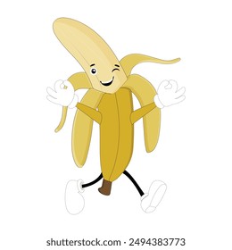 Banana mascot cartoon character, fruit cartoon character emoticon Cartoon happy banana mascot character waving hand. Mood booster fruit illustration of walking banana