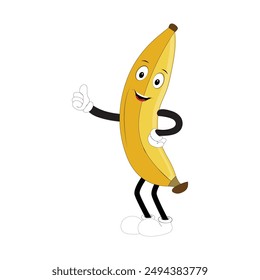 Banana mascot cartoon character, fruit cartoon character emoticon Cartoon happy banana mascot character waving hand. Mood booster fruit illustration of walking banana