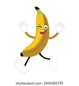 Banana mascot cartoon character, fruit cartoon character emoticon Cartoon happy banana mascot character waving hand. Mood booster fruit illustration of walking banana