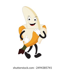 Banana mascot cartoon character, fruit cartoon character emoticon Cartoon happy banana mascot character waving hand. Mood booster fruit illustration of walking banana