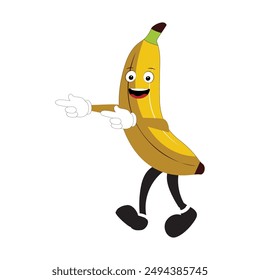 Banana mascot cartoon character, fruit cartoon character emoticon Cartoon happy banana mascot character waving hand. Mood booster fruit illustration of walking banana