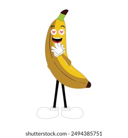 Banana mascot cartoon character, fruit cartoon character emoticon Cartoon happy banana mascot character waving hand. Mood booster fruit illustration of walking banana